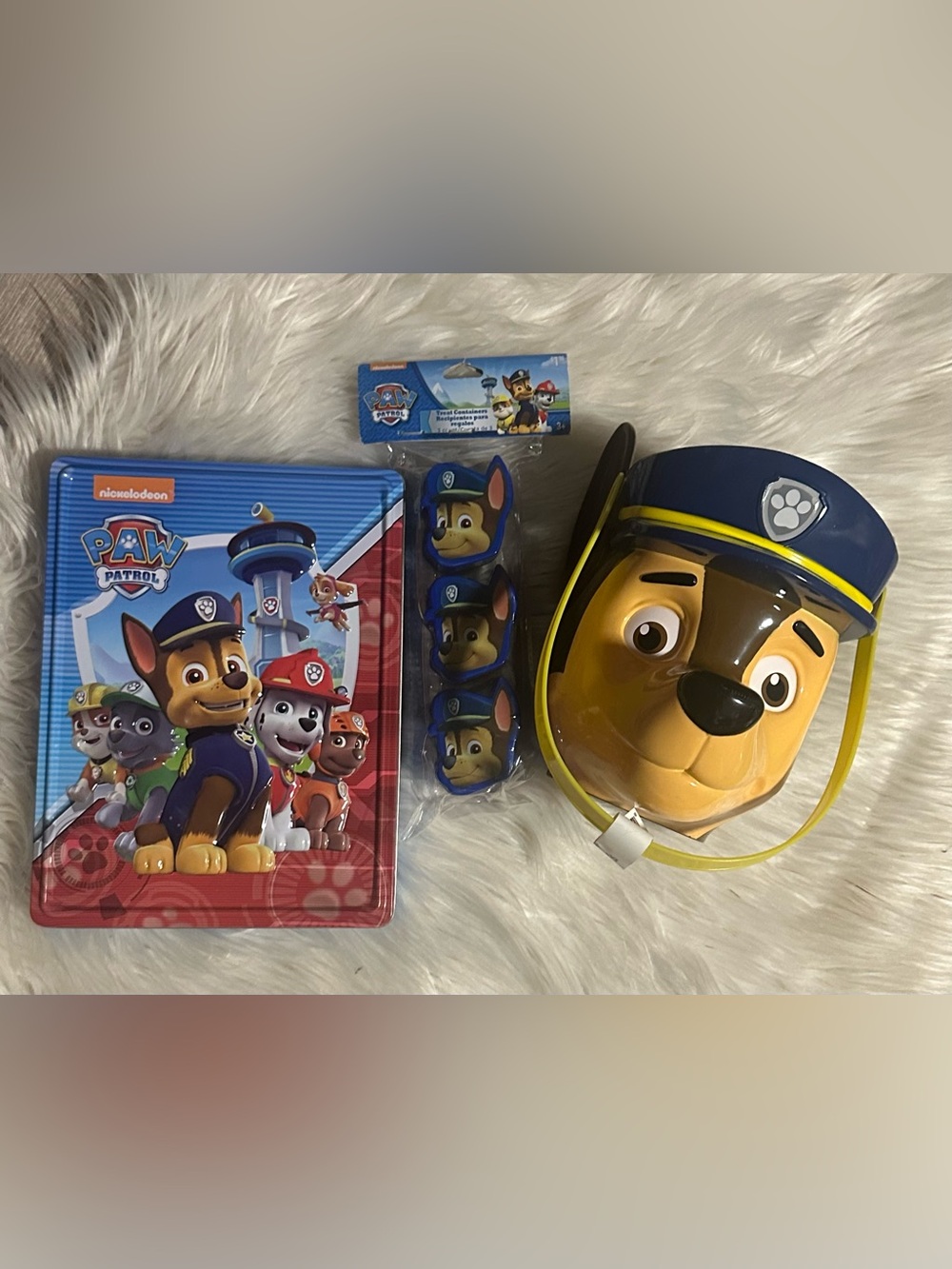 Paw Patrol Chase Basket and Three-Container Set - Blue, and tin container